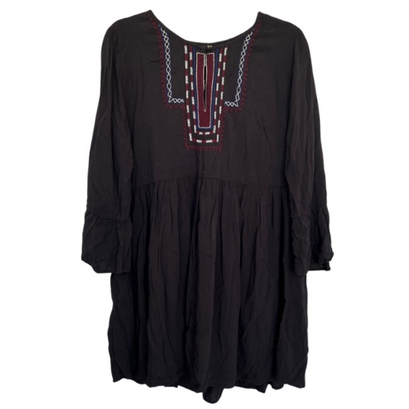 Forever 21 Dress Large Boho Black Flare Embroidered Tribal Ruffle Sleeve Summer - Picture 1 of 7
